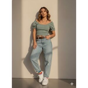 Sage Puff Sleeve Milkmaid Top Ribbed Lettuce Trim Crop Cottagecore Coquette L